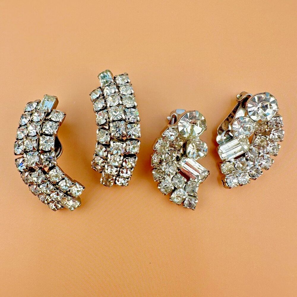 Vintage Rhinestone Earrings Lot Silver Tone Climber Prong Set Clear Crystal